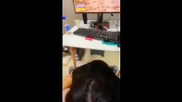 Korean Girlfriend Giving Blowjob While Boyfriend Playing Desktop PC Game